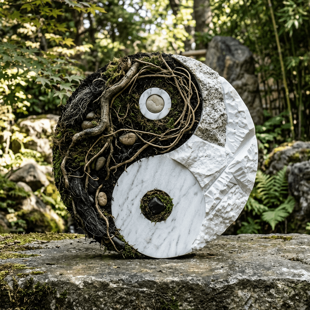 Yin yang sculpture combining white marble, dark soil, roots, moss, and stones